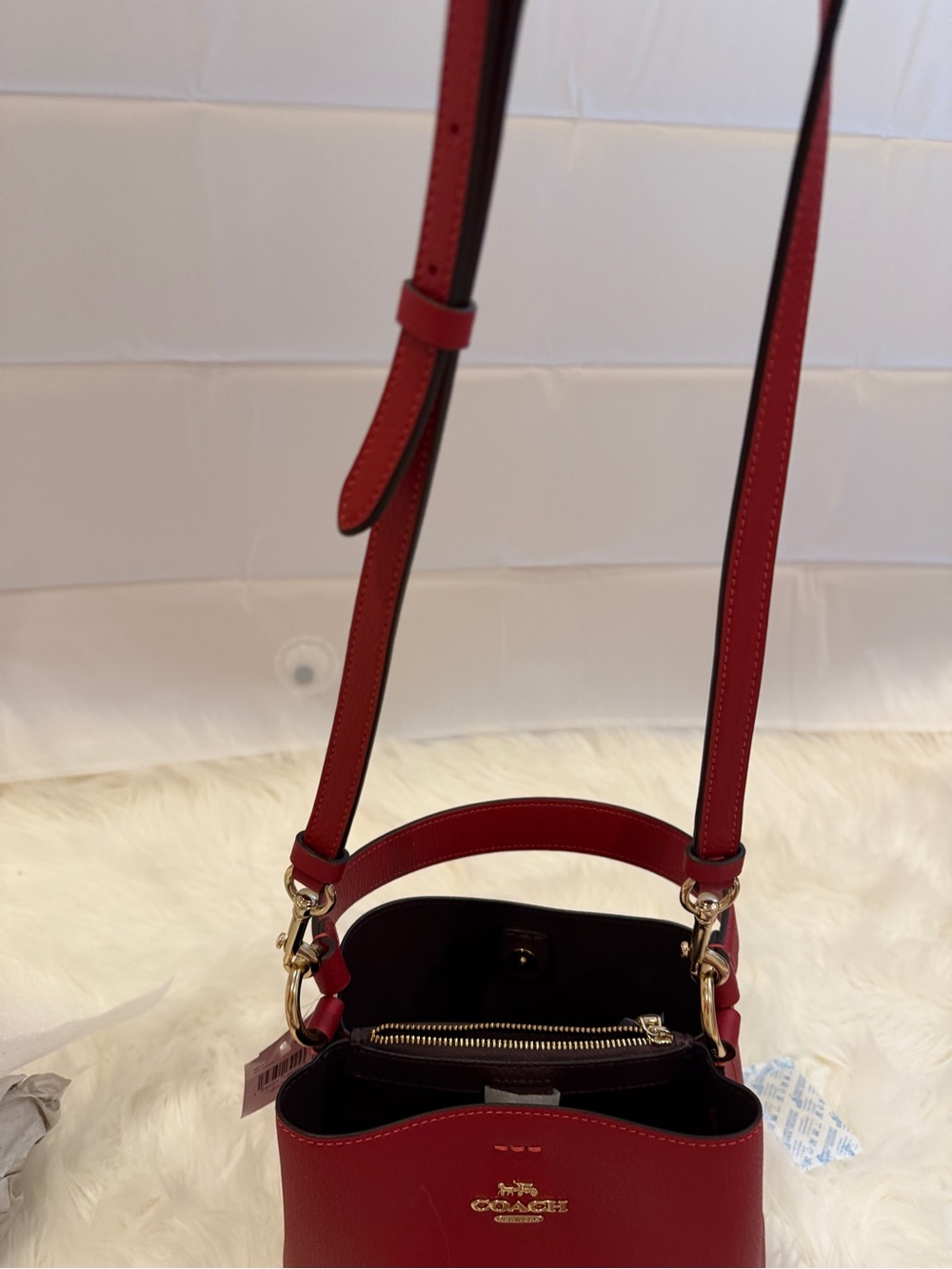 Coach Red Pebbled Leather Mini Bucket Crossbody - Picture 9 of 10